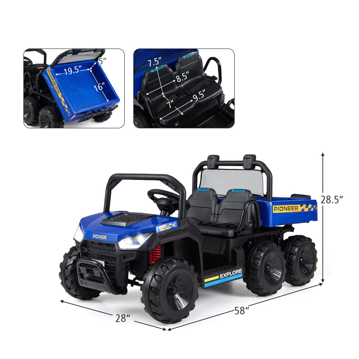 Kids riding a blue 24V GBruno Store ride-on dump truck with electric dump bed, designed for two children.