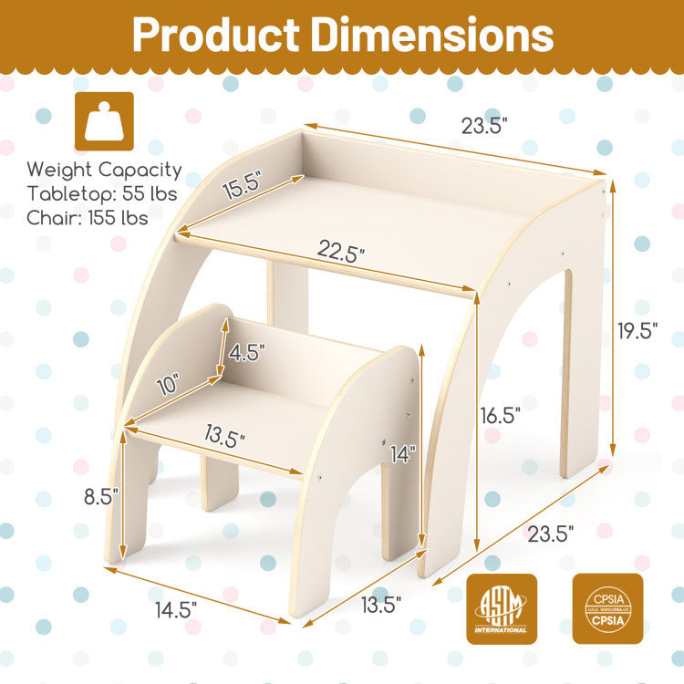 Kids furniture set with a table, chairs, and a tree-shaped bookshelf organizer in bright, colorful design for children.