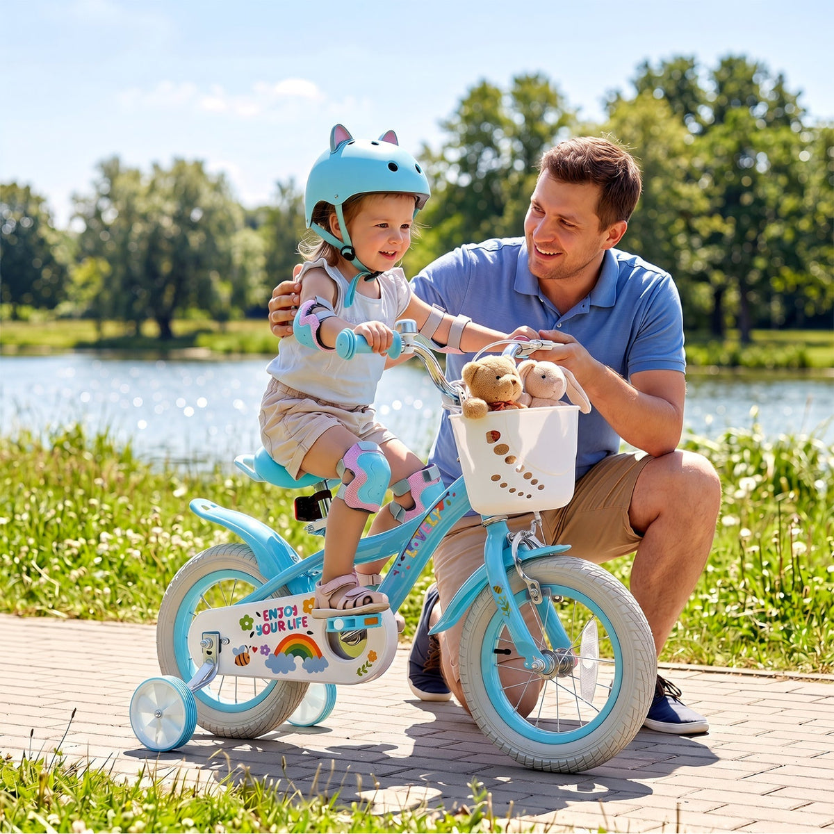 Girls' kids bike with training wheels, 12-18 inch size, featuring a front basket and colorful design by GBruno Store.