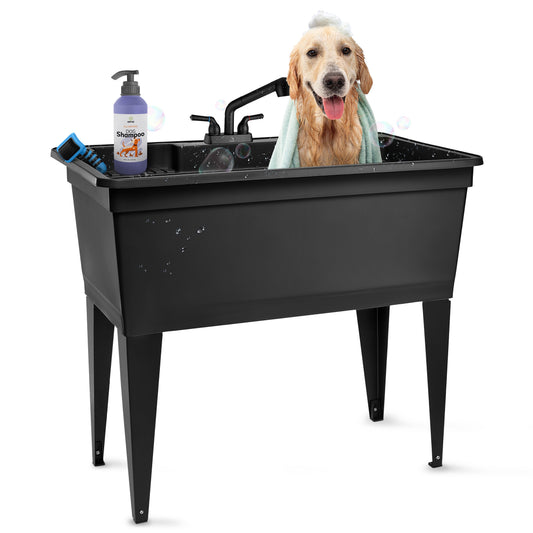 Tehila black freestanding double-wide utility sink with steel legs and pull-out faucet, ideal for laundry, kitchen, or commercial use.