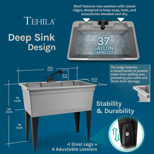 Tehila grey double-wide freestanding utility sink with steel legs and black pull-out faucet, ideal for laundry and kitchen use.
