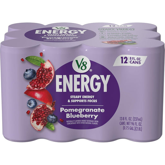Set of 12 V8 Energy Orange Pineapple energy drink cans, 8 fl oz each, featuring vibrant orange and pineapple flavor labels.