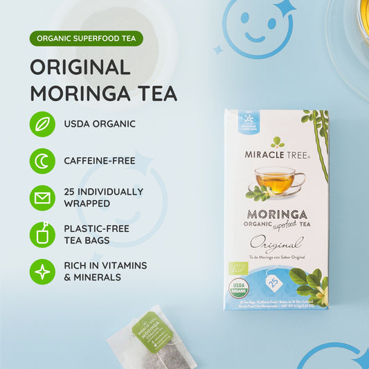 Organic Moringa Tea from Miracle Tree, caffeine-free herbal tea in a tea bag, with fresh moringa leaves visible.