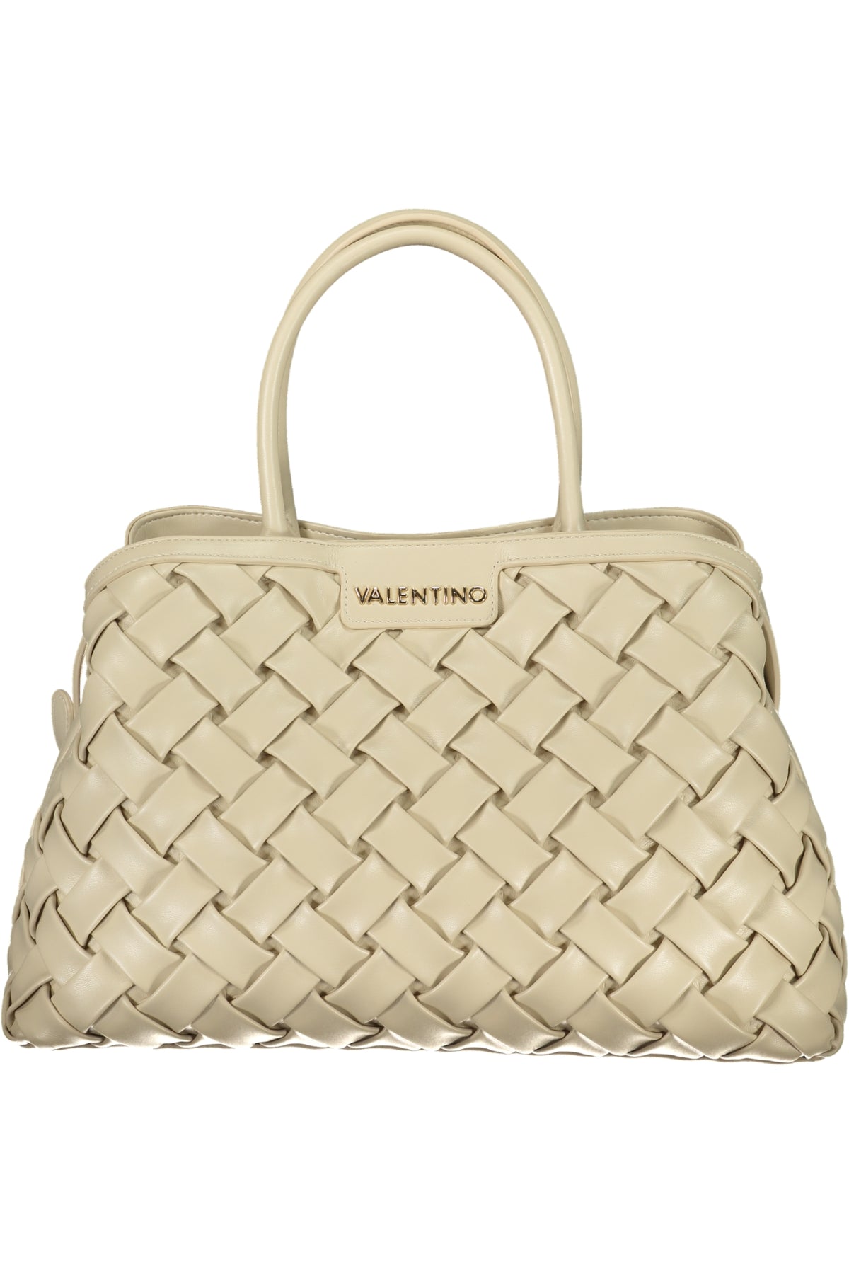 Beige Valentino women's Borse bag with sleek design and gold accents, featuring handles and a structured shape.