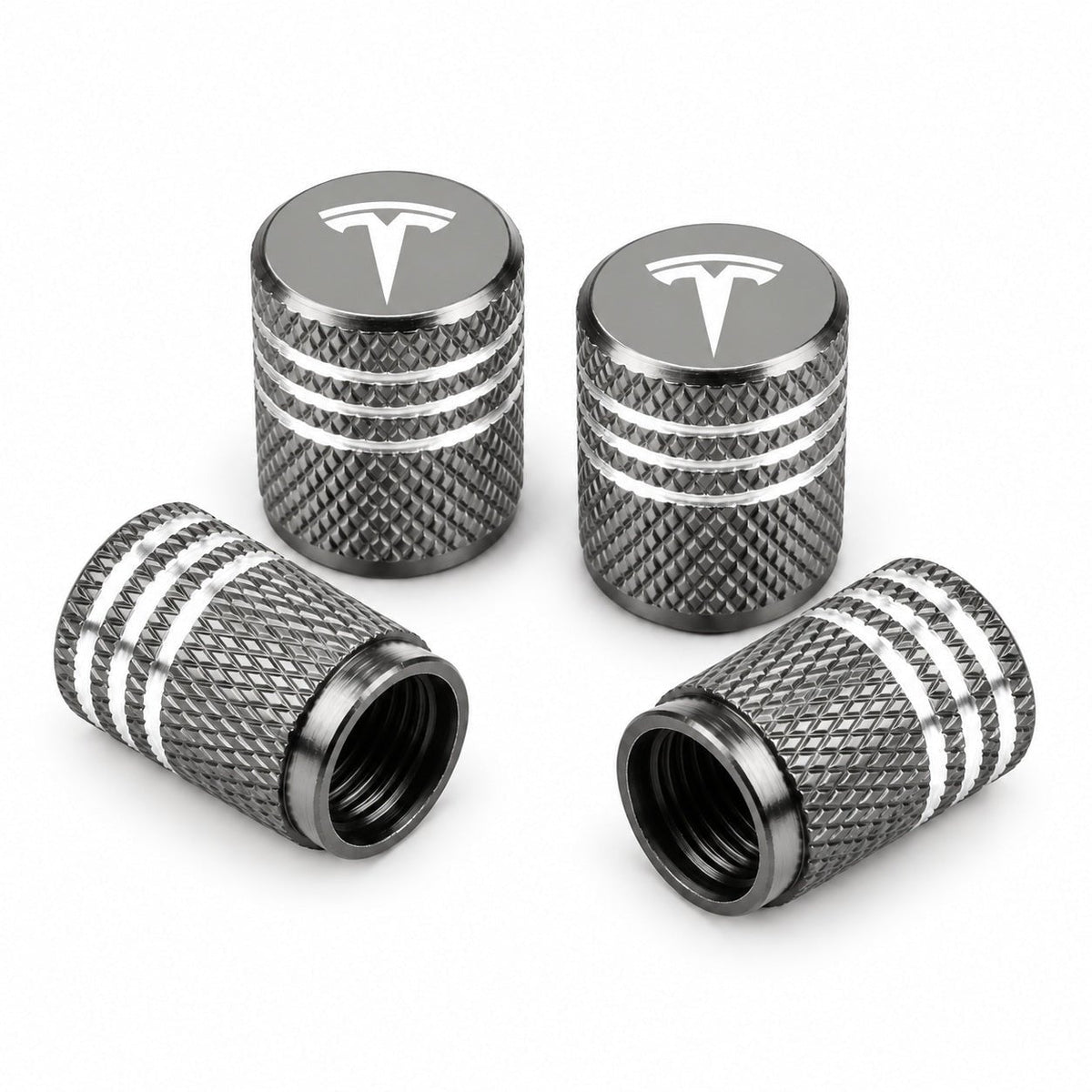 Tesla valve stem caps 4-pack for Model 3, Y, S, X wheel accessories, compatible with 2017 and newer Tesla vehicles.