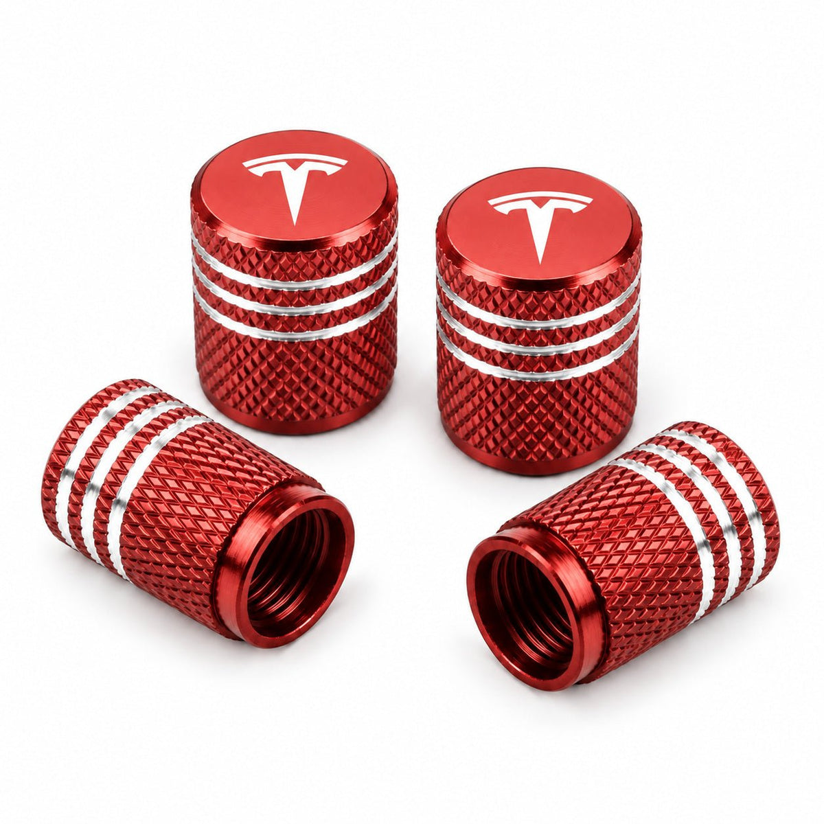 Set of four Tesla wheel valve stem caps suitable for Model 3, Y, S, X 2017 and newer, by Tesery Official Store.