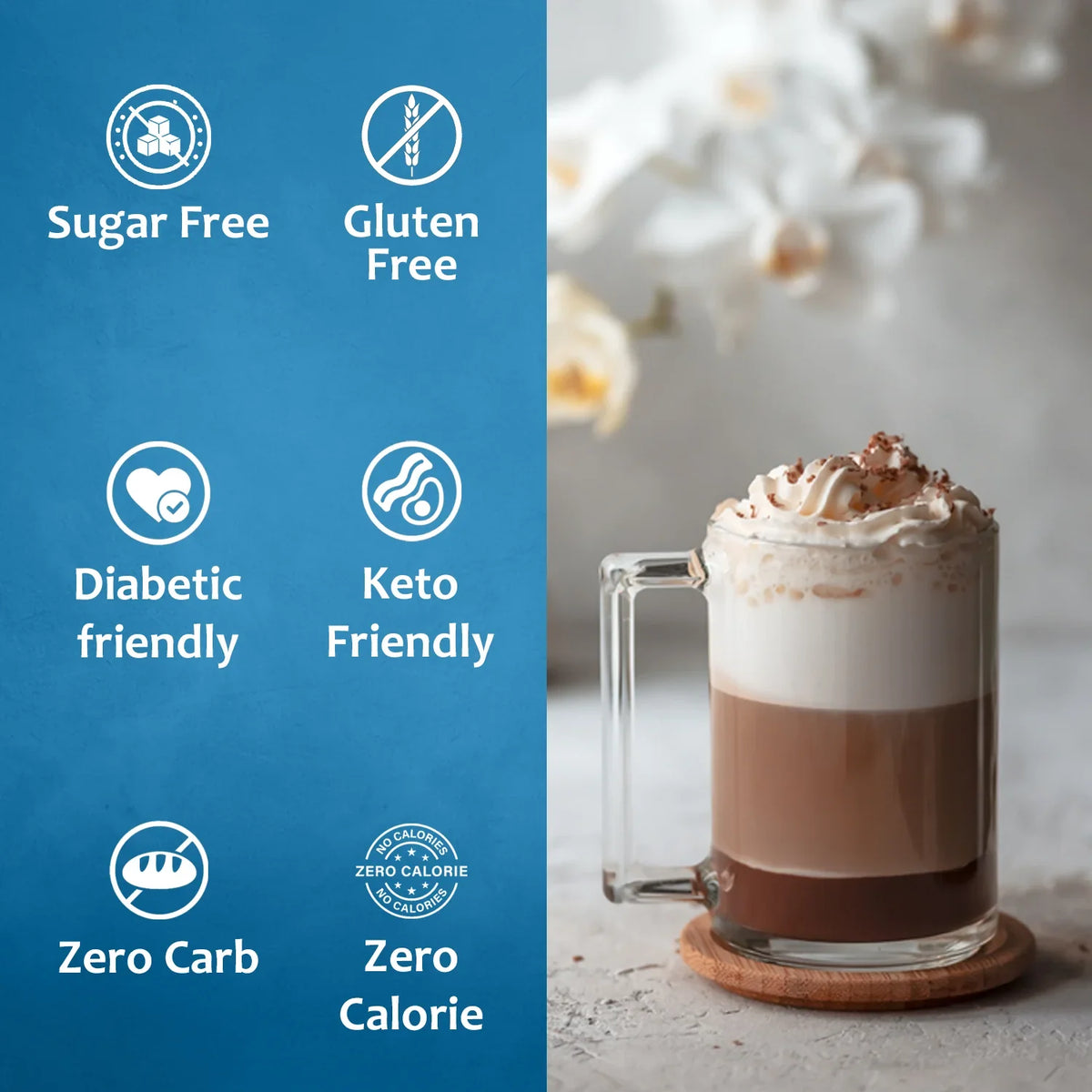 Bottle of Syruvia sugar-free vanilla coffee syrup with a clear label and vanilla bean illustration on a neutral background.