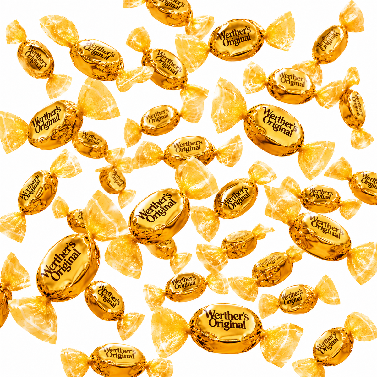Werther's Original caramel hard candies in a bulk value bag, showcasing golden, individually wrapped candies from Candy In Bulk.