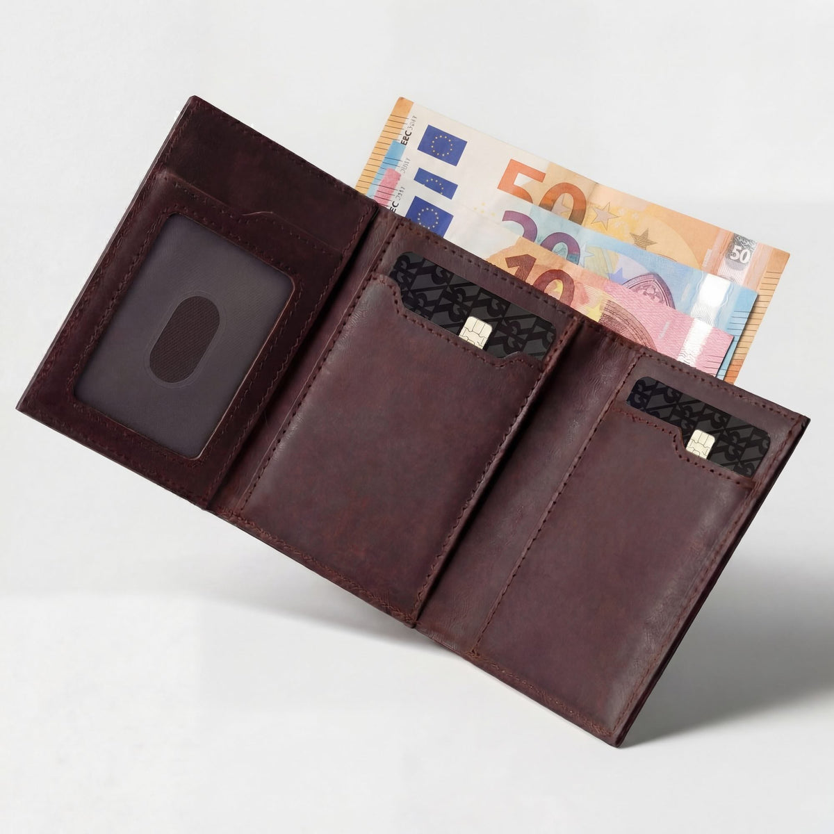 Robust leather wallet showing multiple card slots and a sleek, classic design in rich brown leather.