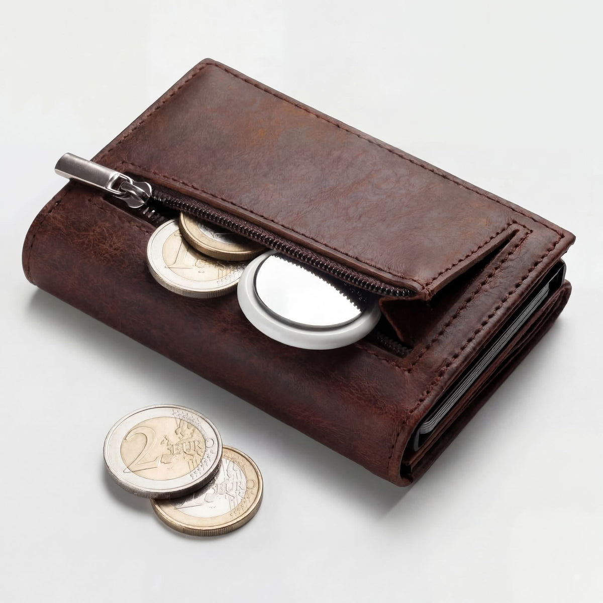 Robust leather wallet with multiple card slots and a sleek design, shown open with visible compartments inside.
