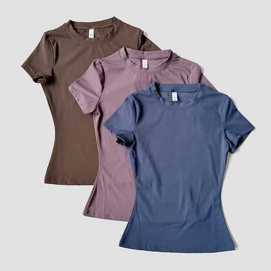 Navy women’s seamless yoga top by WAREBALL, short-sleeve fitness shirt for yoga, gym, running, and active wear.