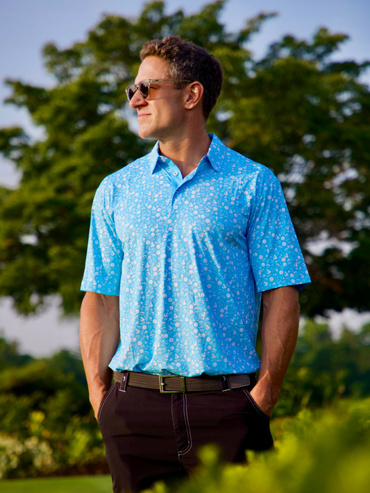 White Water Life Vacation Performance Polo shirt with short sleeves and a collar, displayed on a hanger.