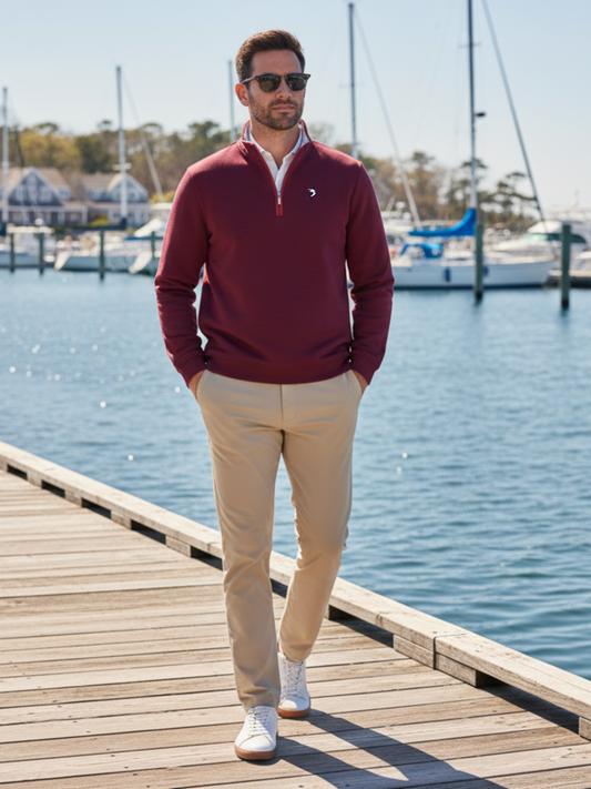 White Water Life Turnberry burgundy and tan quarter zip knit sweater with a smooth texture and classic collar.