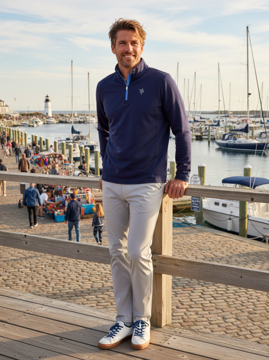 White Water Life Montauk navy and grey quarter zip midweight comfort shirt showing the front view.