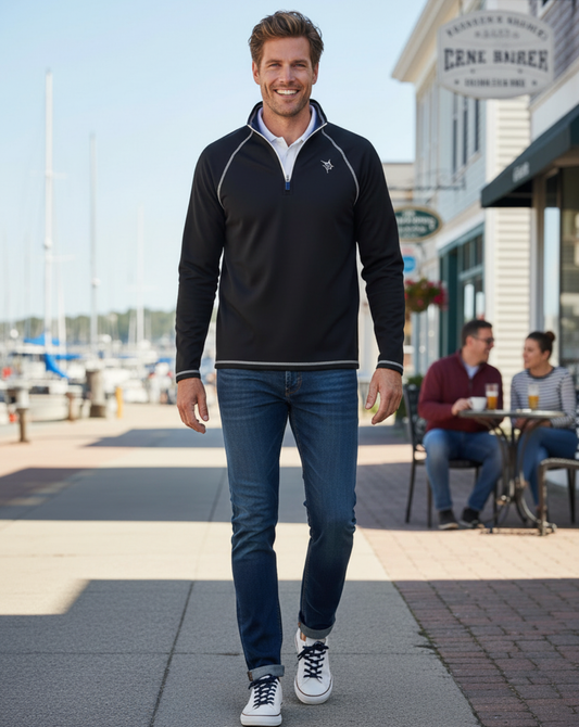 Black White Water Life New Harbor Quarter Zip in effortless comfort, featuring a sleek design and quarter-zip collar.