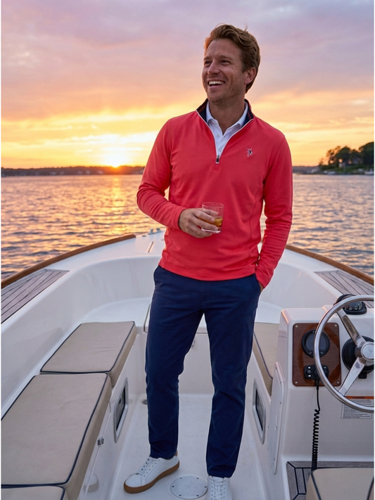 Red White Water Life Montauk quarter zip midweight comfort shirt displayed on a hanger.