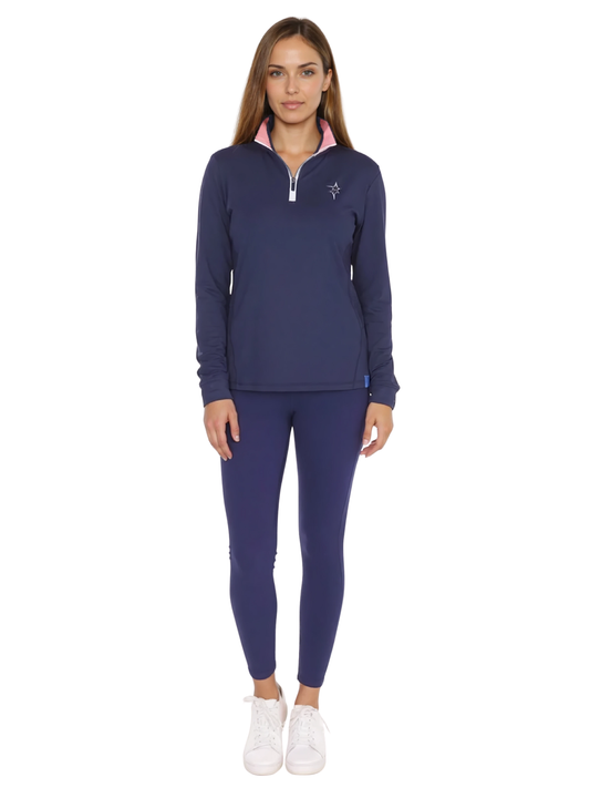 Navy women's Monterey quarter zip sweater by White Water Life, shown on a model with a close-up of the zip and fabric texture.