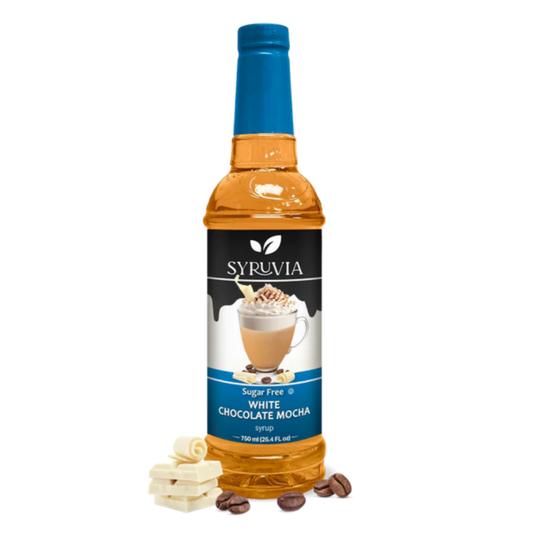 Sugar-Free White Chocolate Mocha Syrup by Syruvia, showing a sleek bottle with white chocolate flavor and sugar-free label.