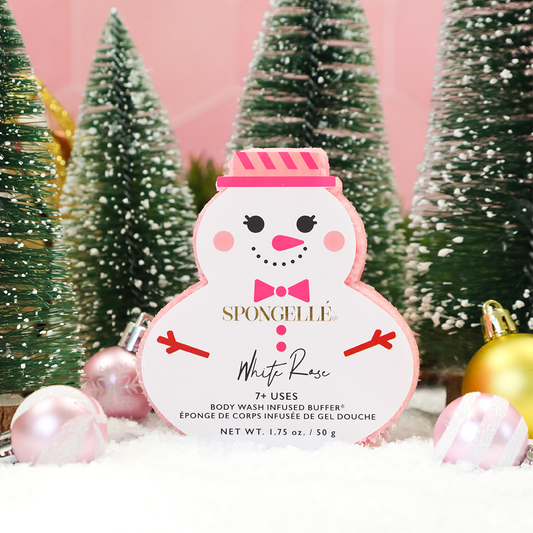 Spongellé White Rose Holiday Snowman body wash infused buffer with white rose scent, featuring a festive snowman design.