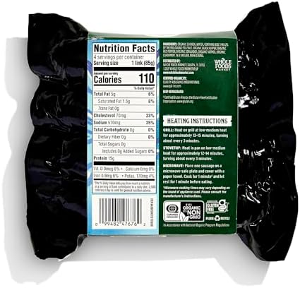 Whole Foods Market Organic Chicken Bratwurst sausage package, 12 oz, with label and product details visible.