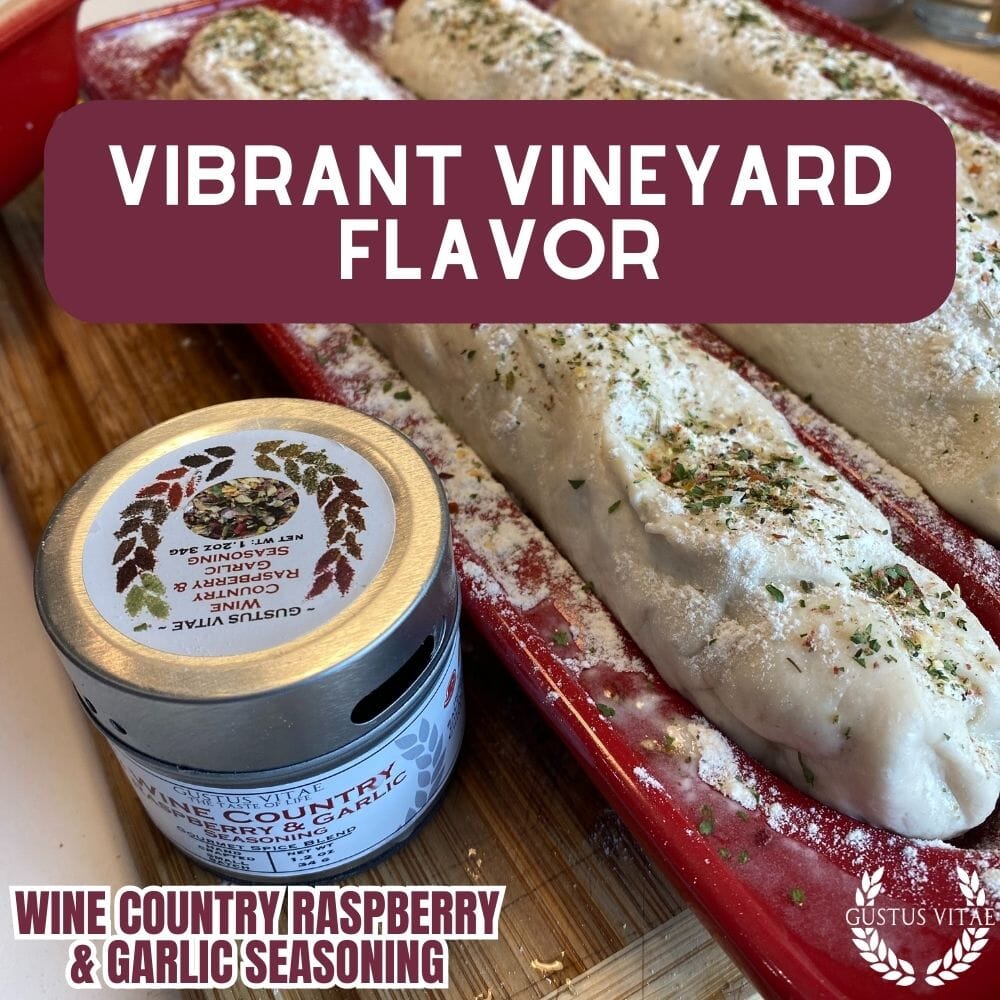 Gustus Vitae Wine Country Raspberry & Garlic Gourmet Seasoning jar with label, showcasing fresh raspberries and garlic cloves
