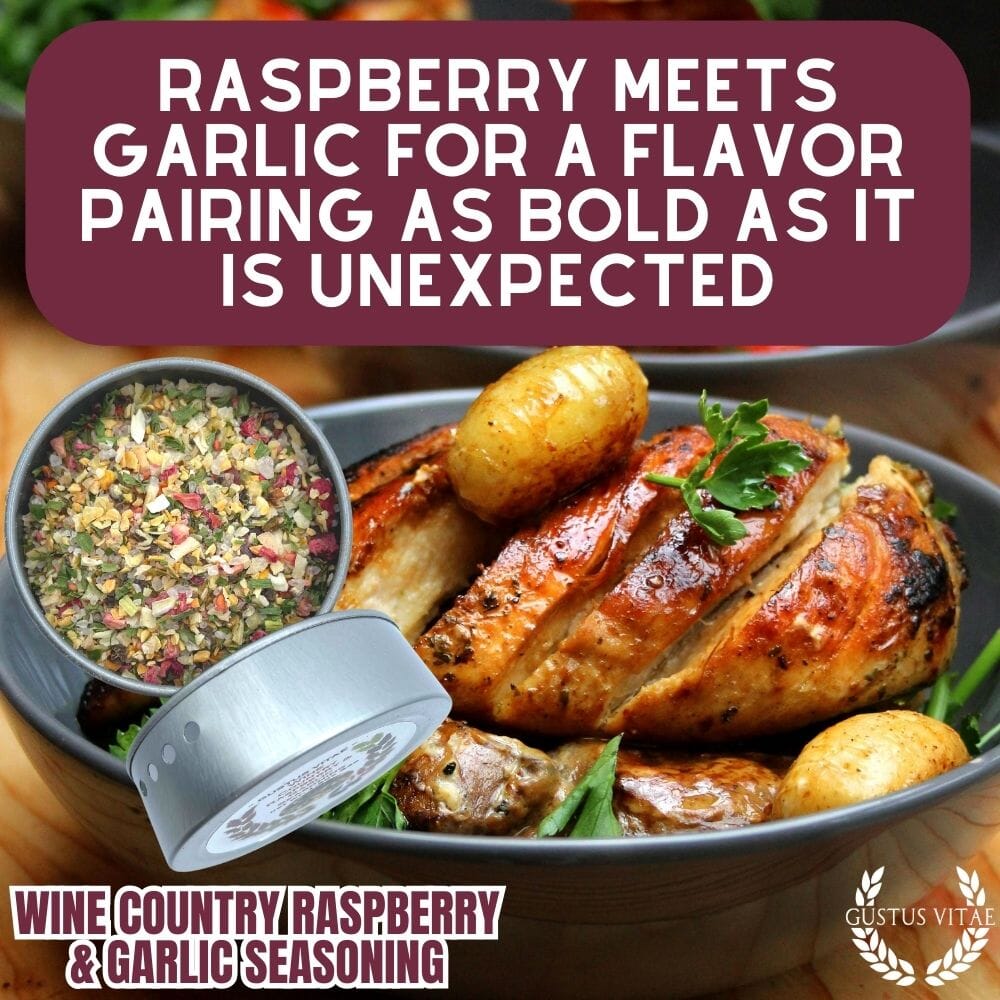 Gustus Vitae Wine Country Raspberry & Garlic Gourmet Seasoning jar with label, showcasing vibrant ingredients and packaging.
