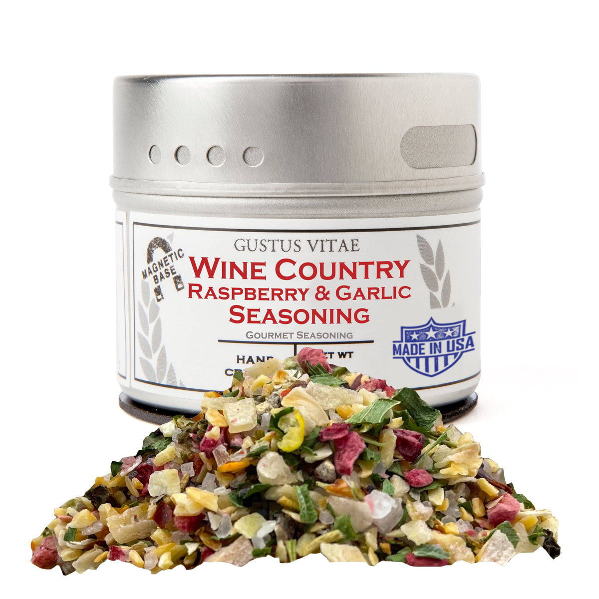 Gustus Vitae Wine Country Raspberry & Garlic Gourmet Seasoning jar with fresh raspberries and garlic cloves on label