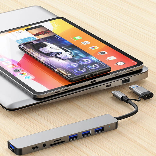 Wisdom Interest Store 8-in-2 USB and Type C Hub Docking Station with 3.5mm audio jack and Micro SD card reader for laptops and tablets.