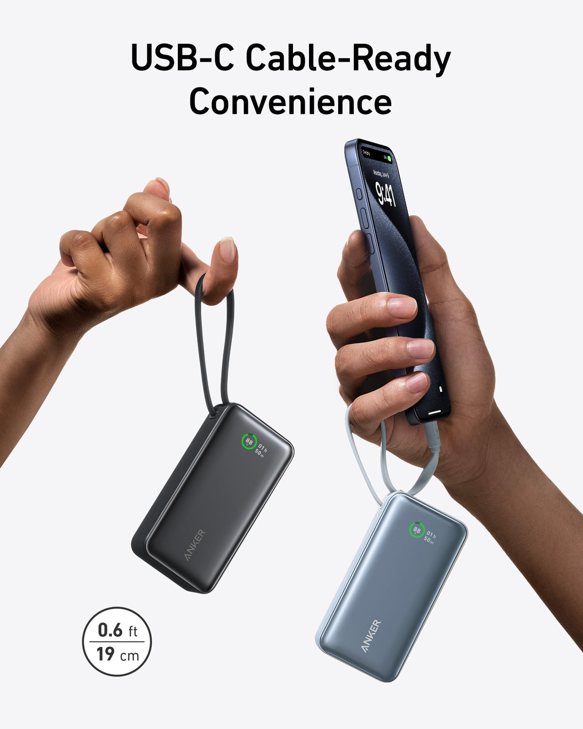 Anker Nano 30W power bank with built-in USB-C cable in lilac purple, compact portable charging device.