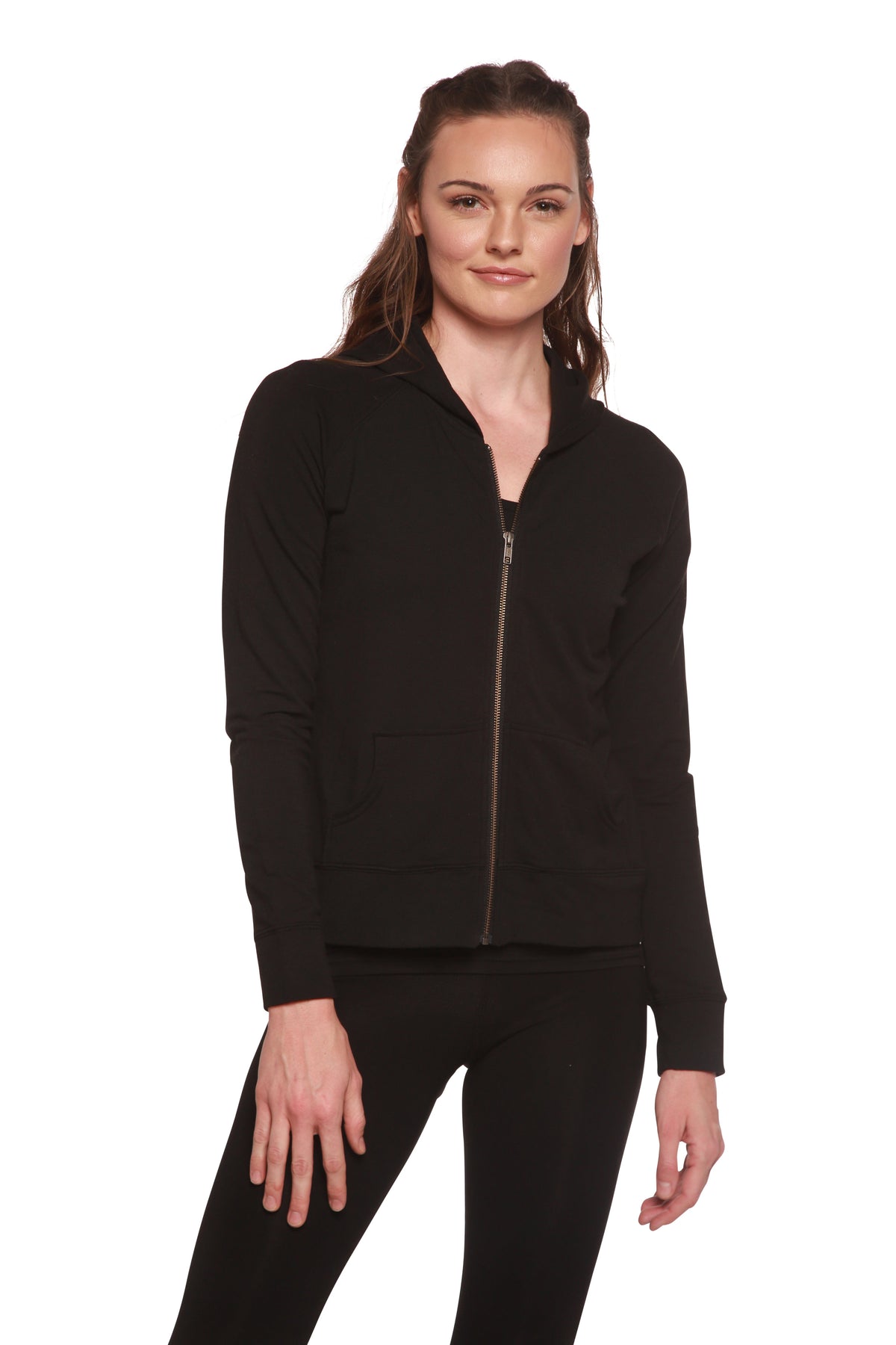 Women's bamboo French terry zip hoodie by Spun Bamboo, featuring a hood, front zipper, and relaxed fit in soft fabric.