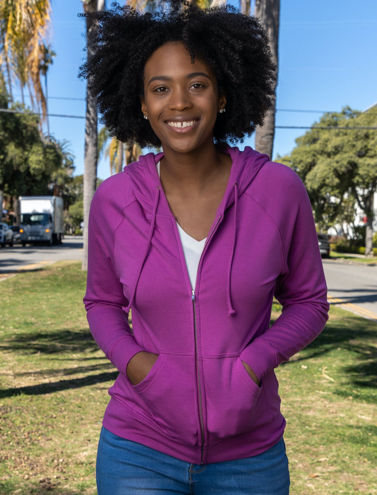 Women's bamboo French terry zip hooded sweatshirt by Spun Bamboo, featuring a front zipper, hood, and relaxed fit.