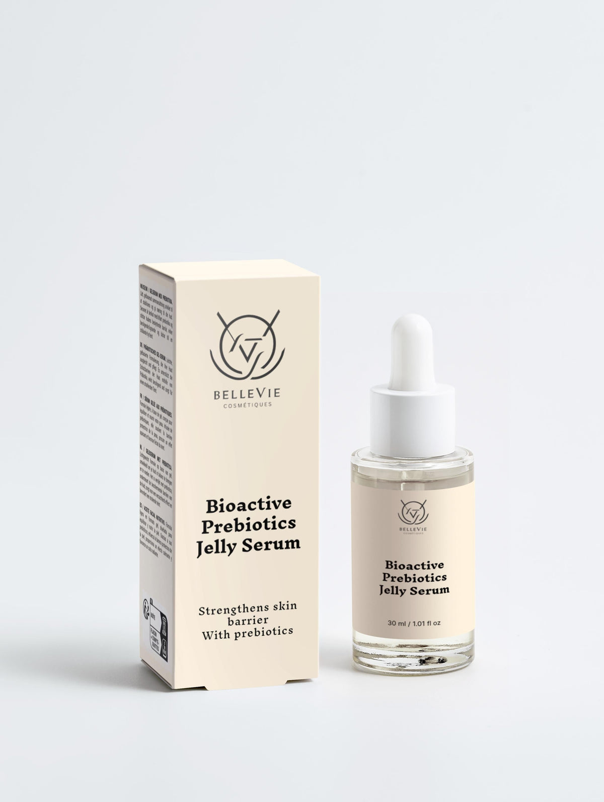 BelleVie Cosmétiques Bioactive Prebiotics Jelly Serum 30ml showing clear gel texture and packaging for hydrating, balancing skincare.