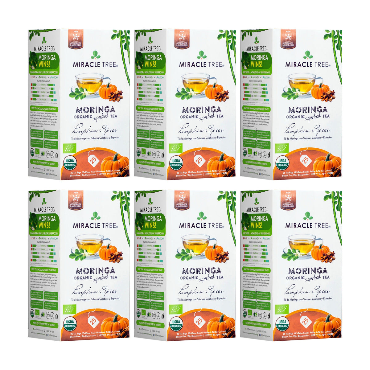 Organic Moringa Tea by Miracle Tree featuring pumpkin spice flavor, caffeine-free herbal tea with dried moringa leaves and spice blend.