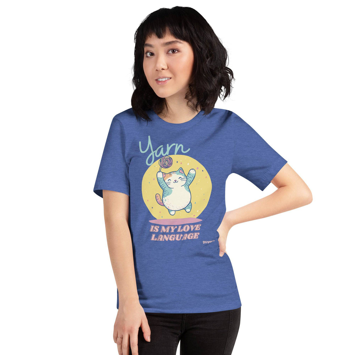 Black Heather "Yarn is My Love Language" T-shirt by Darn Good Yarn, featuring a casual fit and printed text on the front.