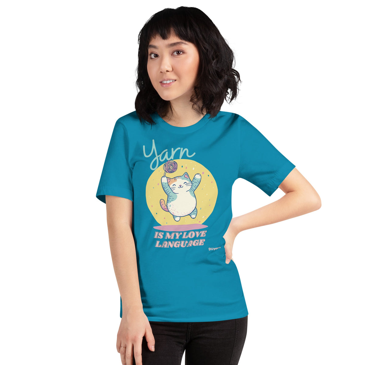 Black Heather "Yarn is My Love Language" T-Shirt by Darn Good Yarn featuring a casual, fitted design with printed text on the front.