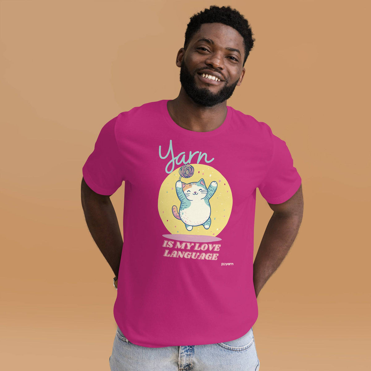 Black Heather "Yarn is My Love Language" T-Shirt by Darn Good Yarn, featuring a casual fit and yarn-themed graphic on the front.
