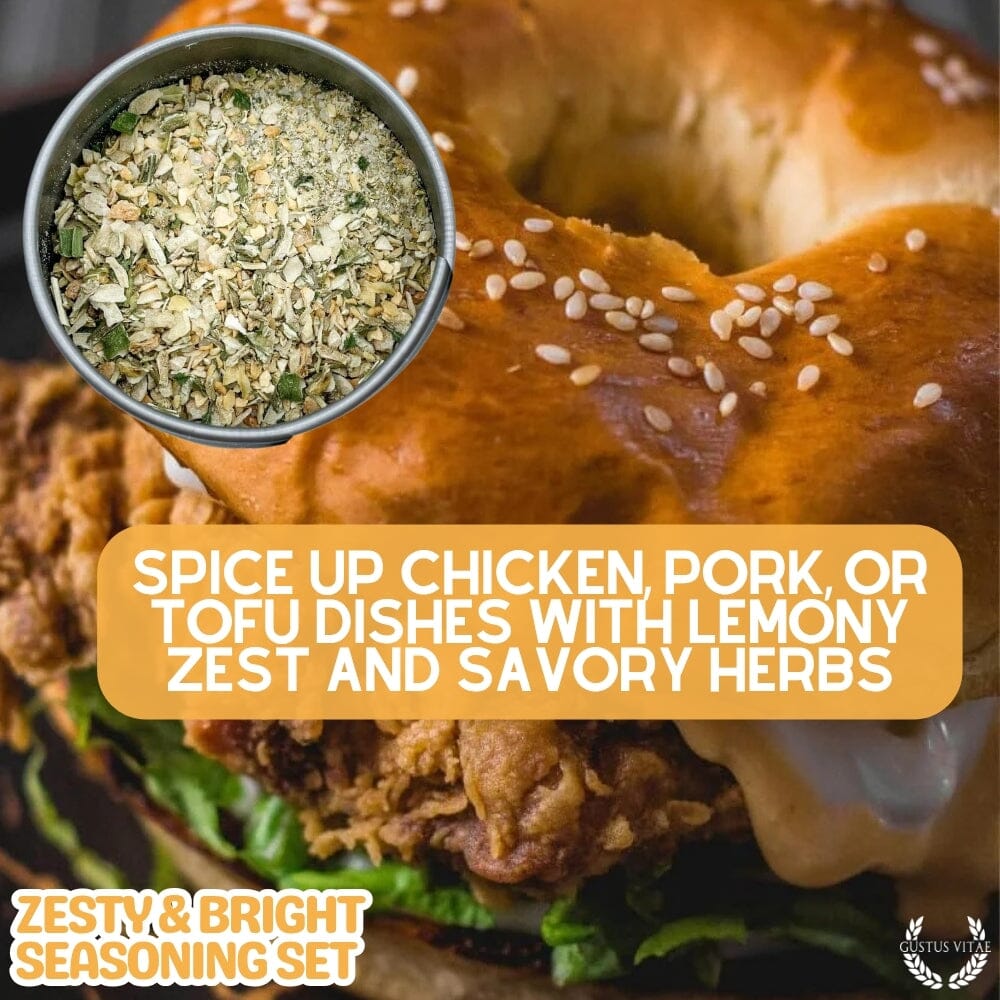 Gustus Vitae Zesty & Bright Seasoning Set with various flavorful spice blends in a gift collection.