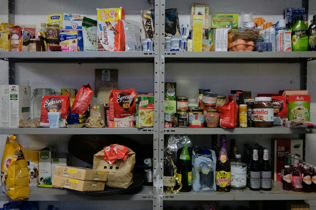 a shelf filled with lots of food items