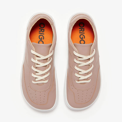 Pink leather retro-inspired barefoot shoes for women by Origo Shoes, featuring natural leather upper and minimalist design.