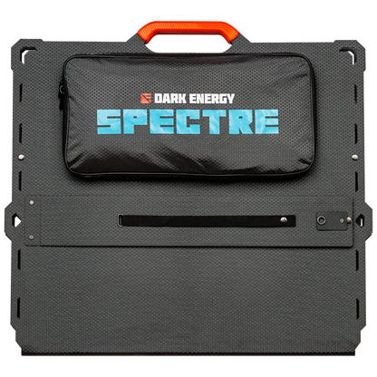 Folded Dark Energy Spectre 200W solar panel showing its compact design and durable surface for outdoor solar power use.