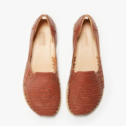 Origo Shoes Huarache Slip-On Wide barefoot shoes in natural hue, featuring a comfortable, minimalist design with open sides and flexible sole.