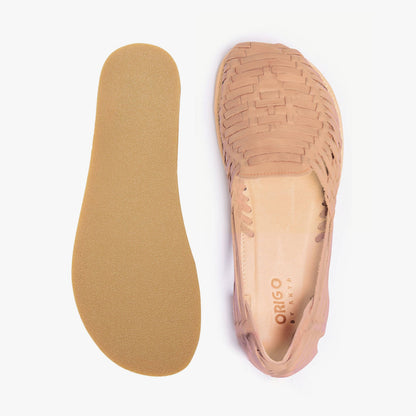 Origo Shoes Huarache Slip-On barefoot shoe in tan with breathable design, lightweight and flexible for comfortable wear.