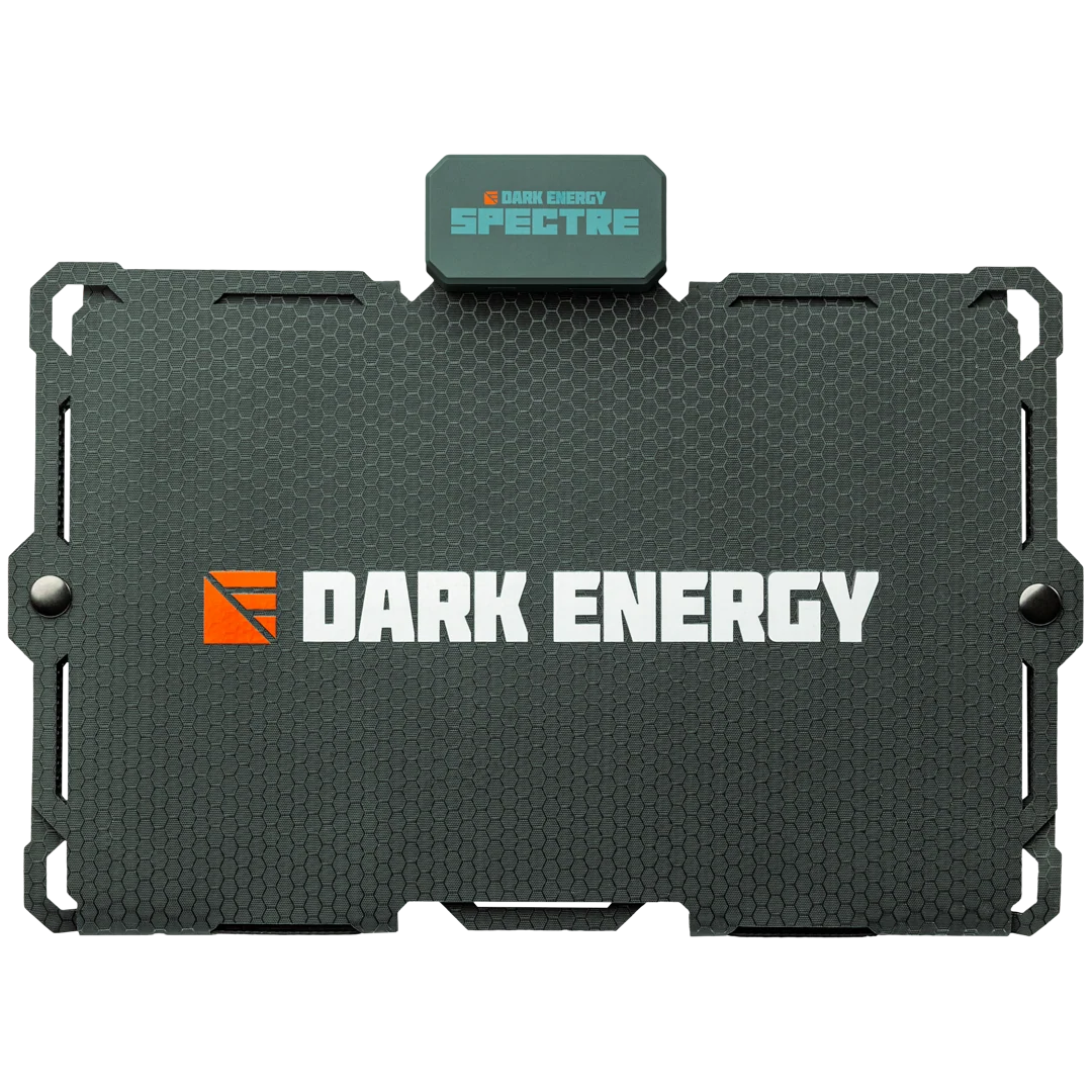 Dark Energy Spectre 18W solar panel showing multiple solar cells and sleek black frame for outdoor renewable energy use.