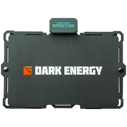 Dark Energy Spectre 18W solar panel showing multiple solar cells and sleek black frame for outdoor renewable energy use.