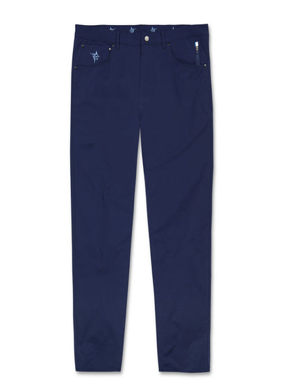 White Water Life Seaport Pants in navy, featuring a relaxed fit and adjustable waistband, displayed on a hanger.