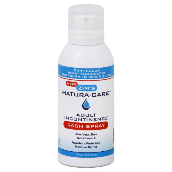Zim's Matura-Care adult incontinence rash spray in a 4 fl oz bottle, designed for skin irritation relief and skin care.