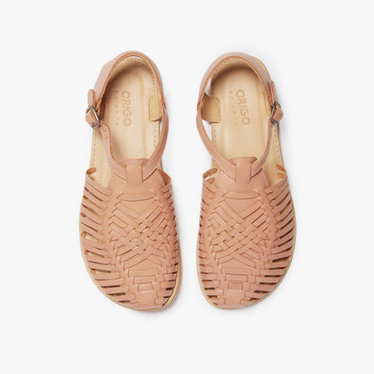 Origo Shoes Huarache Sandal Wide by Anya, barefoot style sandal with woven straps and wide fit, in natural earthy tones.