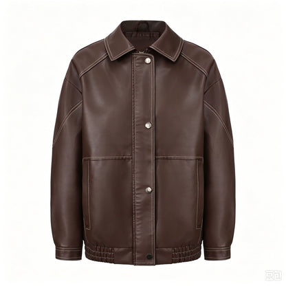 Women's imitation leather oversize motorcycle jacket with front zipper, black biker style for spring and autumn