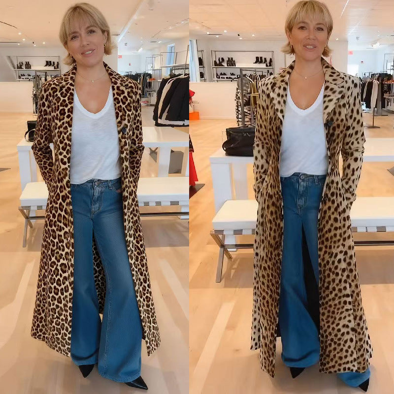 Leopard-print women's loose blazer-style cardigan long trench coat bodycon dress