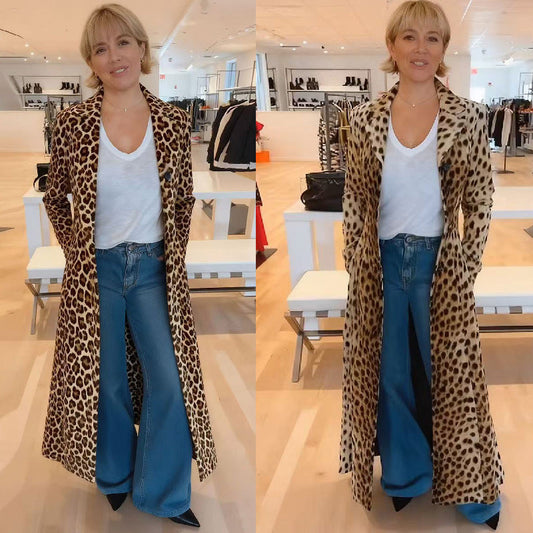 Leopard-print women's loose blazer-style cardigan long trench coat bodycon dress